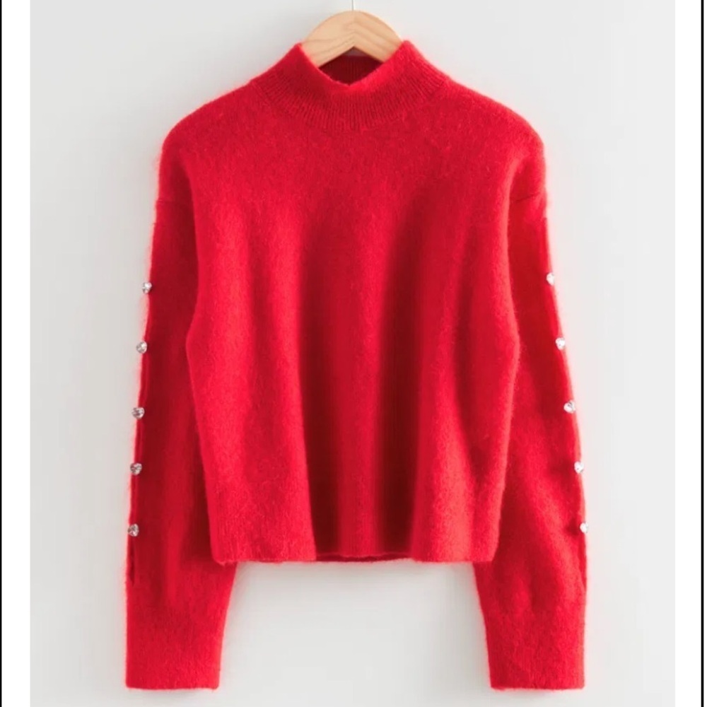 NWT & Other Stories Red Mohair Wool Rhinestone Cropped Sweater XS
